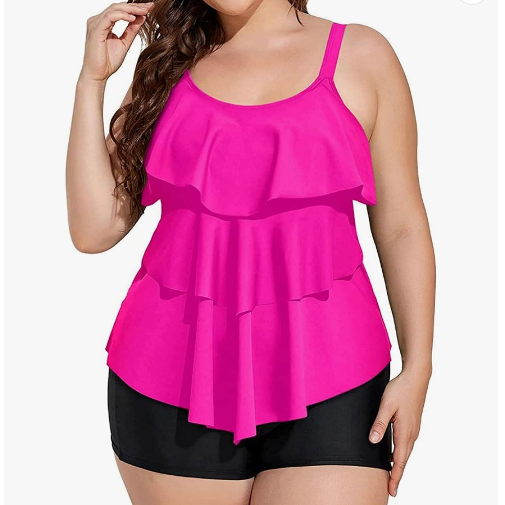 NWT Yonique Womens Plus Size  Pink Tankini Flounce Top Size 20W